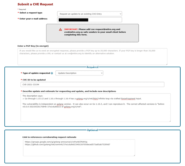 CVEリクエストの送信フォーム。Descriptionの訂正を依頼。